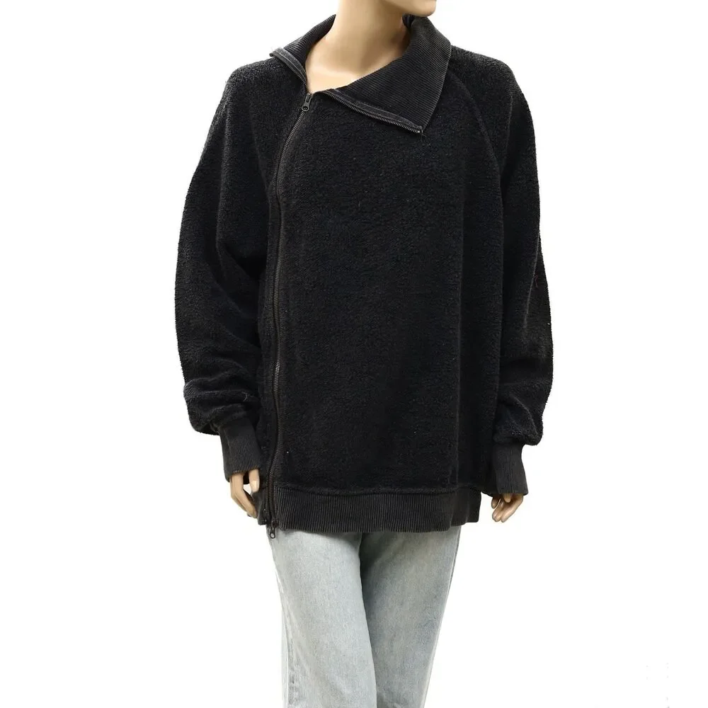 Free People Sweatshirt Tunic Top Cotton Long Sleeve Black Zipper Solid L 289502